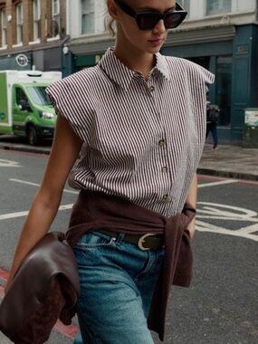 ☀️ ZARA Striped Balloon Cap-Sleeve Shirt